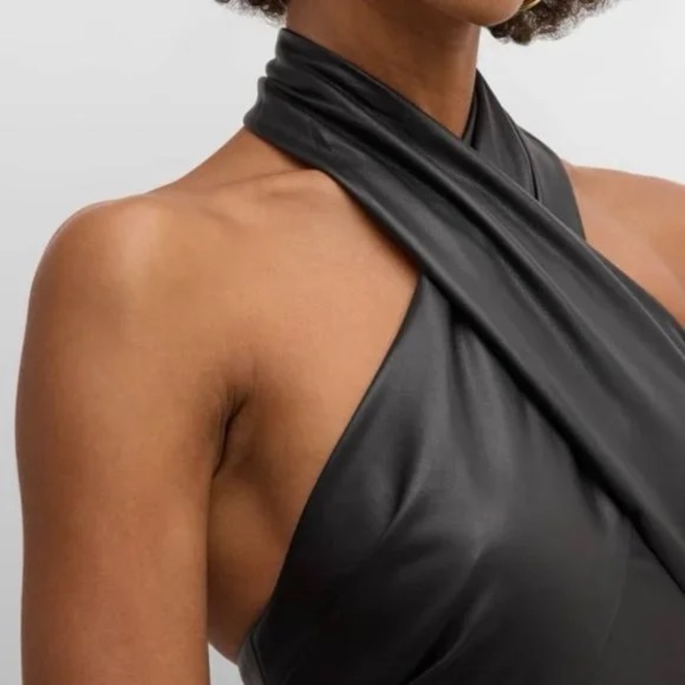 MILLY Women’s Raven Black Vegan Faux Leather Halter Neck Sz 6 Midi Dress BNWT - Picture 3 of 15